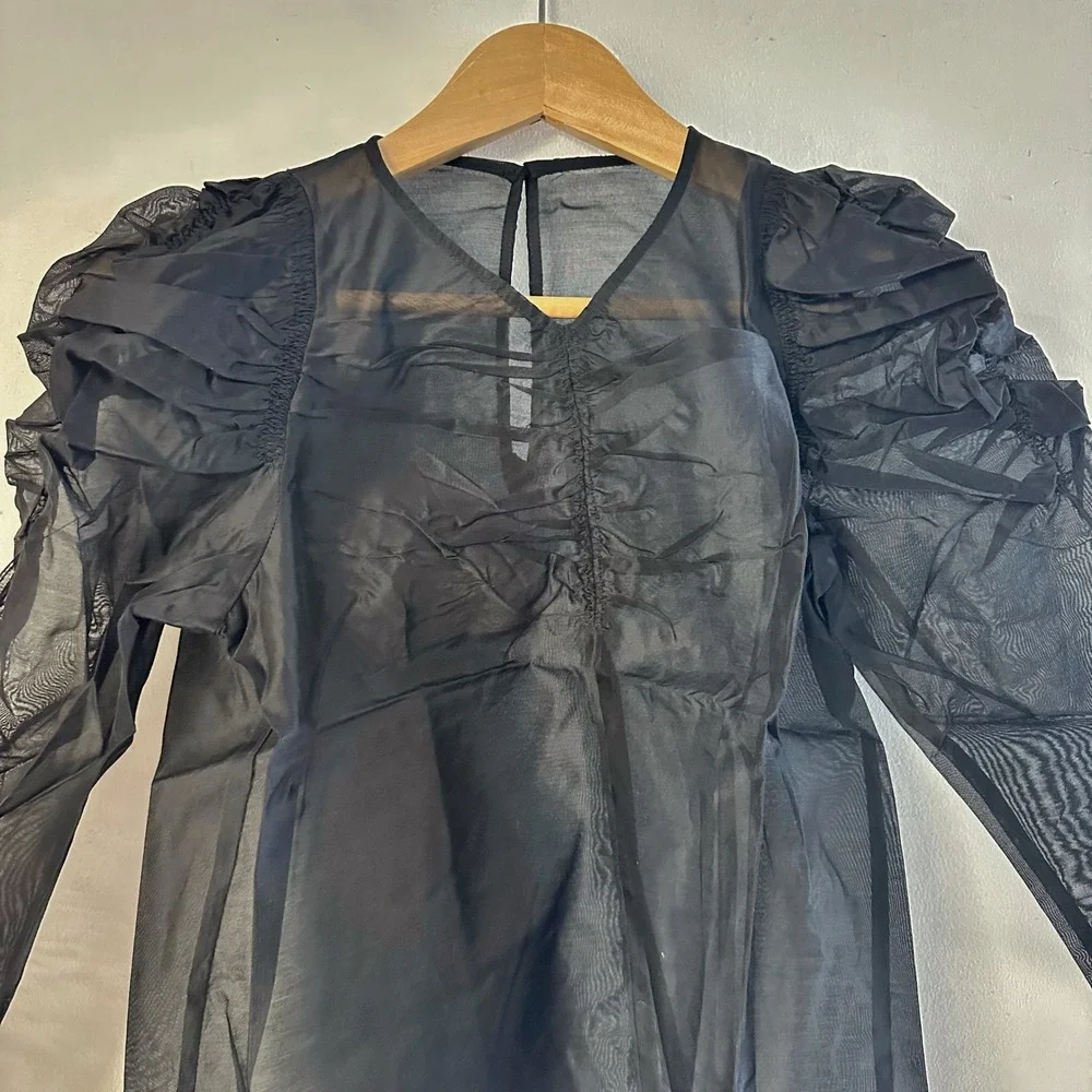 NWOT Ulla Johnson Black Sheer Organza Puff Sleeve Blouse Silk Cotton Size 4